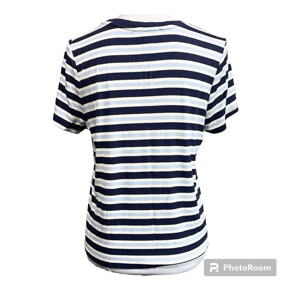 Pink Republic blue white stripe short sleeve top with bottom tie size large